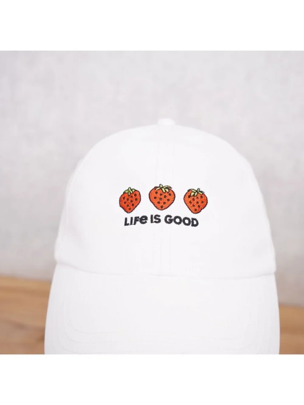 Life Is Good Breathable Baseball Cap Hat Adult One Size White Strawberry Logo
